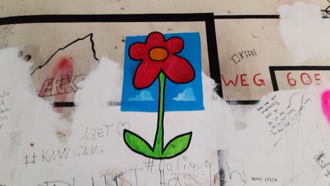 The photo shows a flower painted on a wall and graffiti